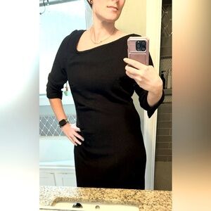 St. John black midi dress rouched waist asymmetrical neck. Subtle sparkle.